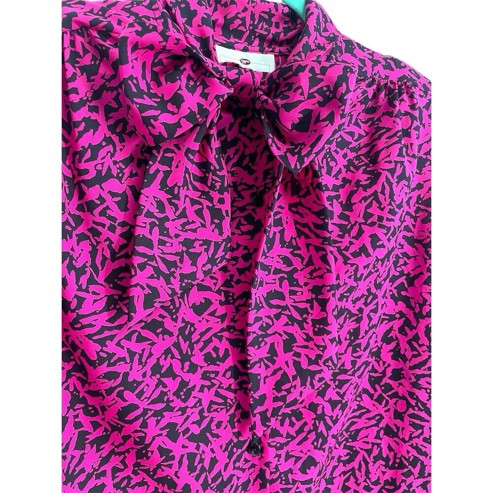 Vintage Vibrant Abstract Print Artsy Funky Bright Tie Neck Feminine Sexy Blouse - Picture 2 of 9